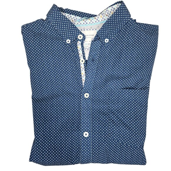 Blue polka dot Short Sleeve Button-Up Shirt Denim & Flower Slim Fit size large - Picture 1 of 4